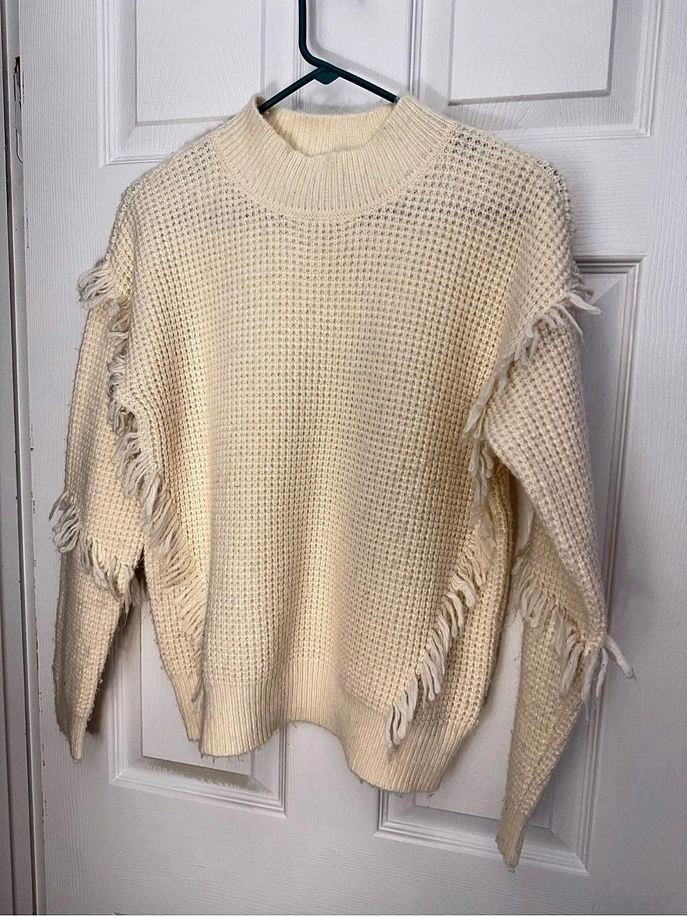 Michael Kors Knit Crewneck Sweater with Fringe in Cream, size M